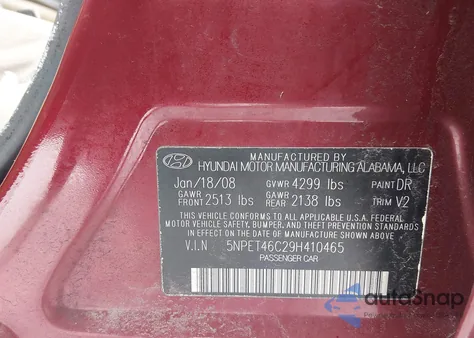 2009 Hyundai Sonata Gls from USA, damaged, VIN 5NPET46C29H410465